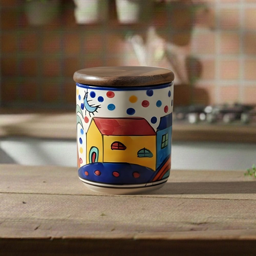 turkish ceramic 9cm jar set of 2 cylindrical storage jars with wooden lid for kitchen storage